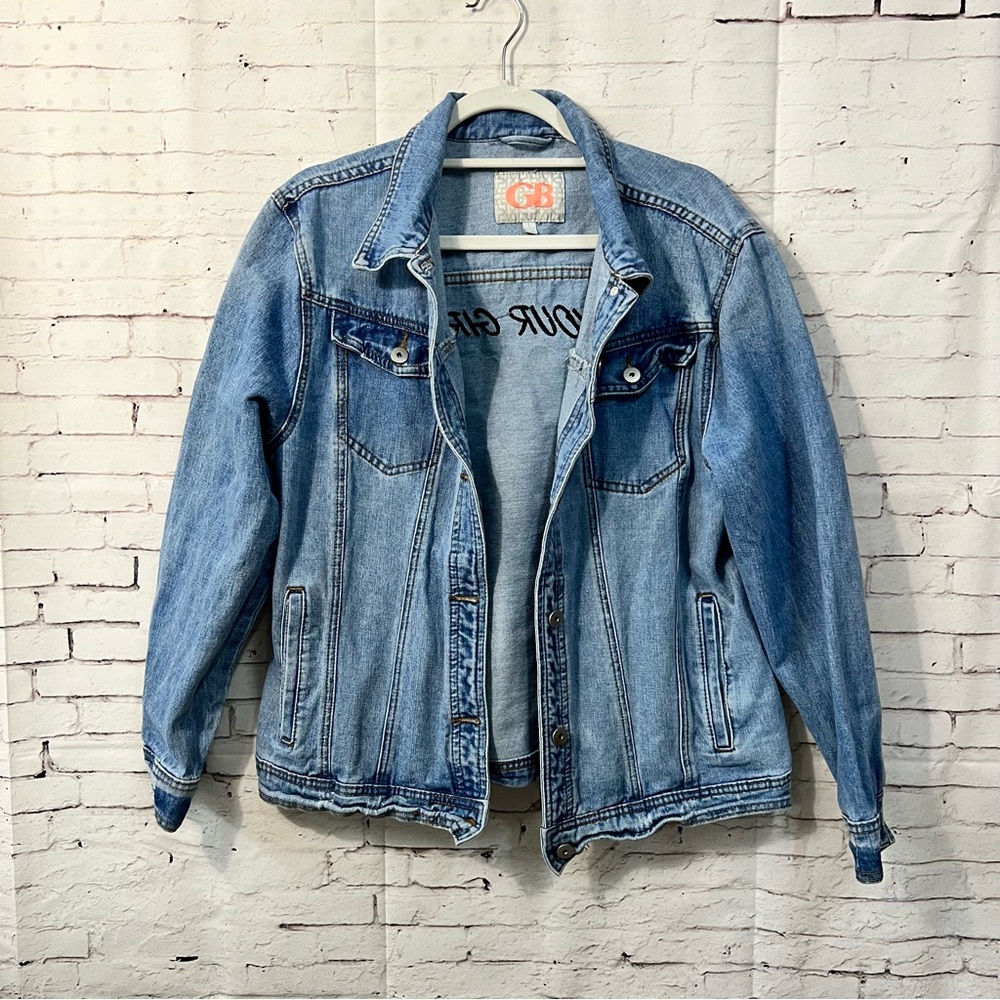 Vintage Y2K Denim Pop Art Not Your Girl Jean Trucker Jacket Mid Wash Large - Picture 6 of 7